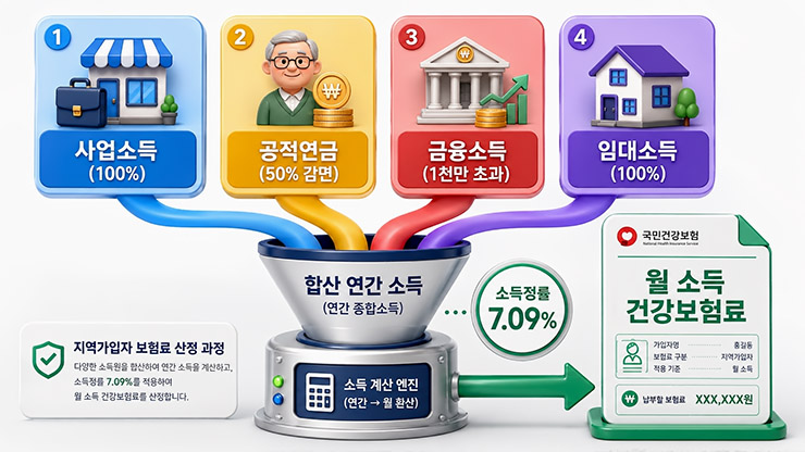 지역가입자 건강보험료 다중소득 합산 산정 메커니즘 및 소득정률제 7.09퍼센트 다이어그램