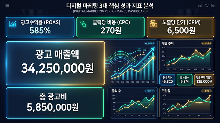 ROAS CPC CPM 디지털 마케팅 광고 성과 지표 대조 다이어그램