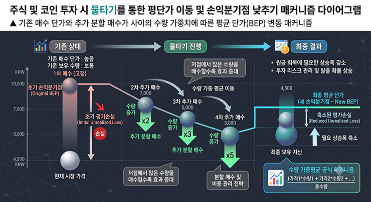 주식 및 코인 투자 시 물타기를 통한 평단가 이동 및 손익분기점 낮추기 매커니즘 다이어그램