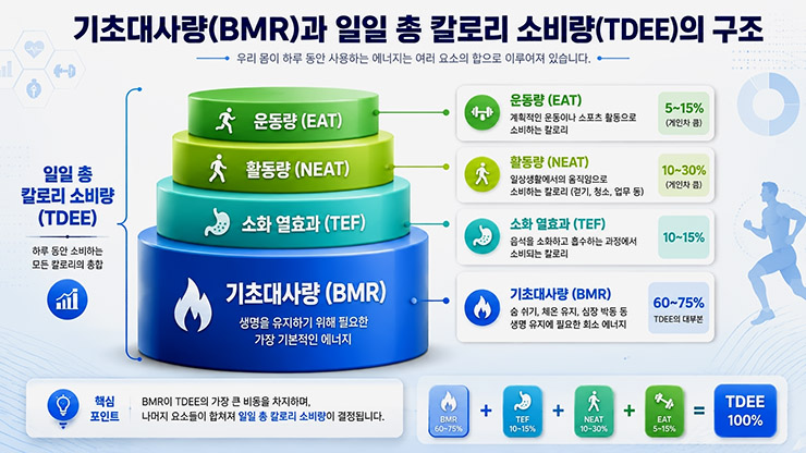 기초대사량 BMR과 일일 총 칼로리 소비량 TDEE 에너지 소비 구조 다이어그램