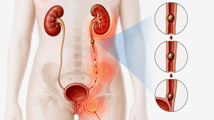 신장부터 요관과 방광까지 요로결석 통증 부위가 이동하는 과정을 설명한 해부학 일러스트