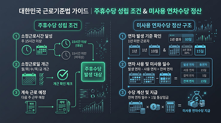 근로기준법 주휴수당 발생 조건 및 미사용 연차수당 정산 구조 다이어그램