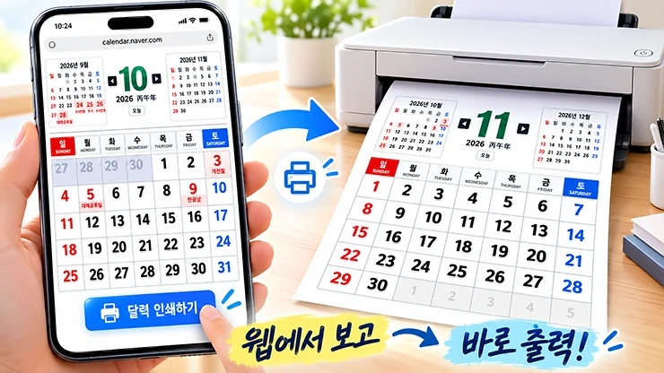 스마트폰 화면에서 확인하던 웹 캘린더가 프린터를 통해 실물 A4 종이 달력으로 인쇄되는 과정 일러스트