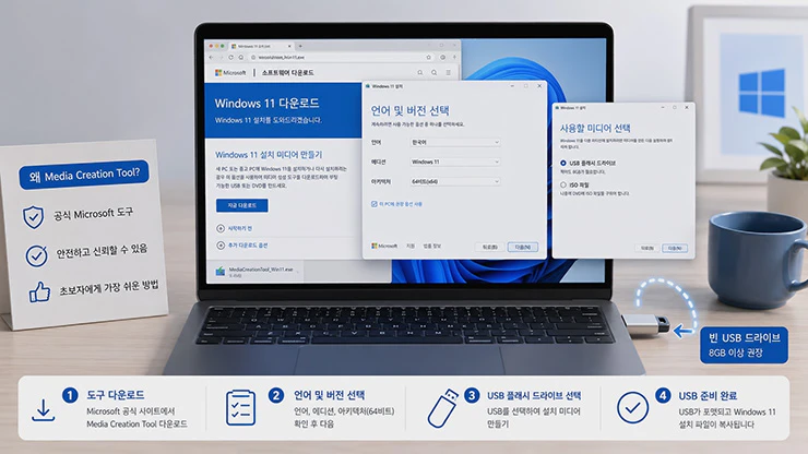 Microsoft Media Creation Tool을 사용해 윈도우 11 설치 USB를 제작하는 화면