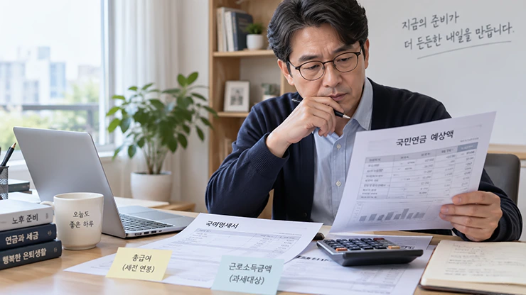 급여명세서와 국민연금 예상액을 확인하며 근로소득금액을 계산하는 중장년 근로자