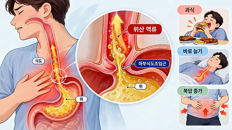 위산과 위 내용물이 식도로 역류해 가슴쓰림을 일으키는 역류성 식도염 발생 원리 본문 이미지