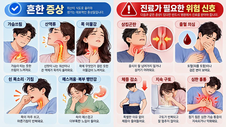 역류성 식도염 증상과 병원 진료가 필요한 위험 신호를 구분한 안내 이미지