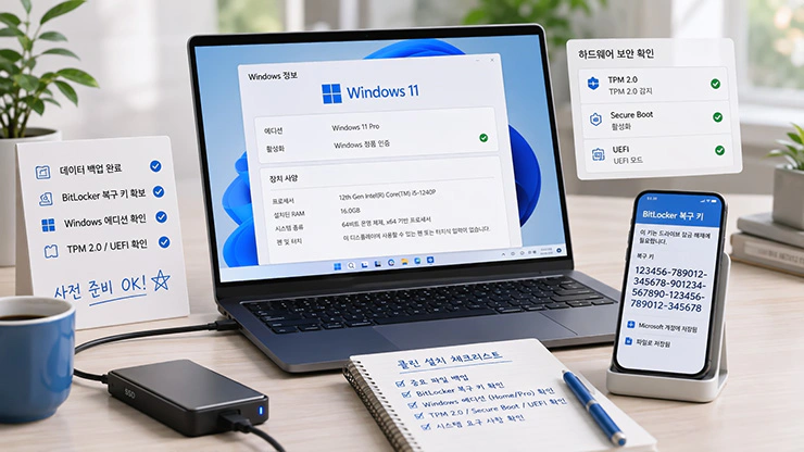 윈도우 11 클린설치 전 백업, BitLocker 복구 키, Windows 에디션 및 하드웨어 점검 화면