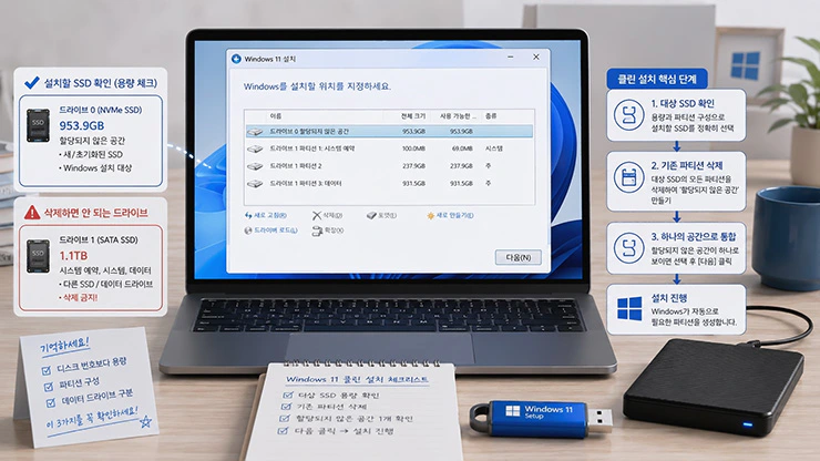 윈도우 11 설치 화면에서 대상 SSD 파티션을 선택하고 할당되지 않은 공간으로 정돈하는 화면