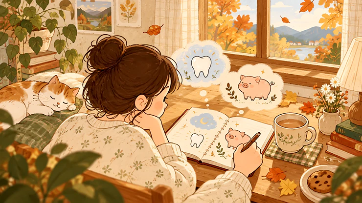 아침 햇살 아래 꿈에서 본 장면과 감정을 노트에 기록하는 손의 실사 사진